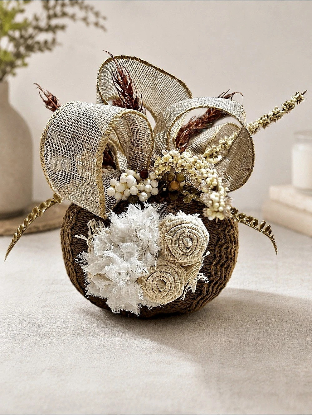 Handmade Sweater Pumpkin Neutral Fall Decor Burlap Floral Rustic Centerpiece